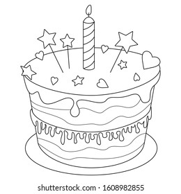 Coloring page; black and white vector illustration; birthday cake for antistress books.