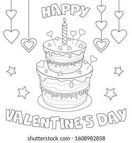 Coloring page; black and white vector illustration; Happy Valentine's Day. Big holiday cake for antistress books.
