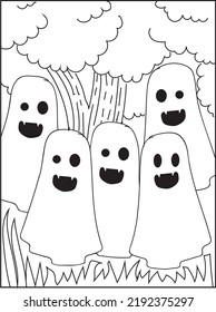 Coloring page. Black and white vector illustration with happy pumpkin in witch hat. Halloween spooky cottage coloring page for kids.