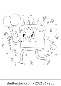 Coloring page; black and white vector illustration; birthday cake.          Cute kawaii birthday cake printable coloring page.