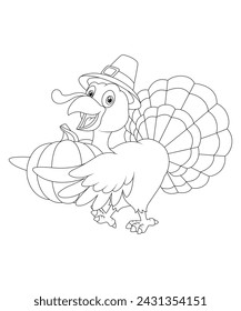 Coloring page. Black and white vector cartoon illustration.Thanksgiving.Coloring book (turkey)