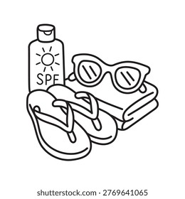 
Coloring page, black and white vector illustration, line art. Summer beach set, towel, SPF, sunglasses and flip flops.