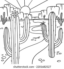 Página de coloreado con cactus en Blooming en el desierto de Arizona. Antiestrés en libros de colores para niños y adultos. Estilo zen-enmarañado. Dibujo en blanco y negro. Ilustración lineal vectorial dibujada a mano.