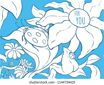 Coloring page with blue background - large ladybug- greeting card - for you