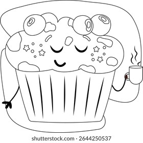 coloring page blueberry muffin drinking hot tea