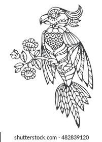 Coloring page book for adults and children. Illustration of a parrot bird sitting on a branch with flowers