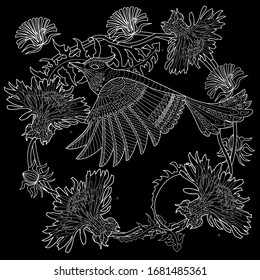 Coloring Page. Coloring Book for adults. Colouring pictures with flowers and bird. Antistress freehand sketch drawing with doodle and zentangle elements.