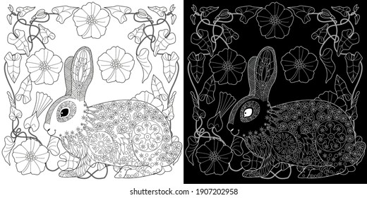 Coloring Page. Coloring Book for adults. Colouring pictures with rabbit and flowers. Antistress freehand sketch drawing with doodle and zentangle element