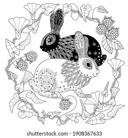 Coloring Page. Coloring Book for adults. Colouring pictures with rabbit and flowers. Antistress freehand sketch drawing with doodle and zentangle element