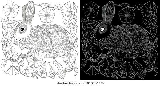 Coloring Page. Coloring Book for adults. Colouring pictures with rabbit and flowers. Antistress freehand sketch drawing with doodle and zentangle element