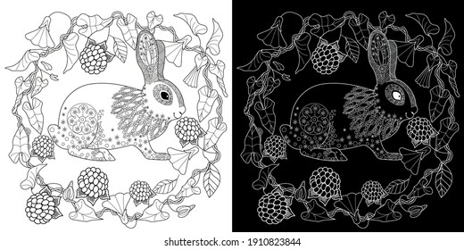 Coloring Page. Coloring Book for adults. Colouring pictures with rabbit and flowers. Antistress freehand sketch drawing with doodle and zentangle element
