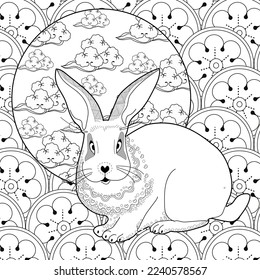 Coloring Page. Coloring Book for adults. Colouring pictures with rabbit and flowers. Antistress freehand sketch drawing with doodle and zentangle element
