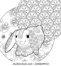Coloring Page. Coloring Book for adults. Colouring pictures with rabbit and flowers. Antistress freehand sketch drawing with doodle and zentangle element
