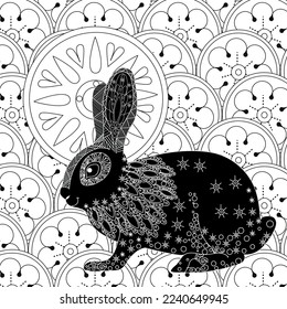 Coloring Page. Coloring Book for adults. Colouring pictures with rabbit and flowers. Antistress freehand sketch drawing with doodle and zentangle element
