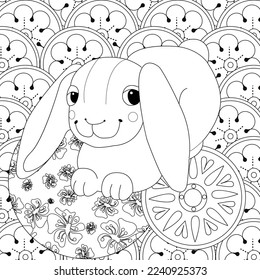 Coloring Page. Coloring Book for adults. Colouring pictures with rabbit and flowers. Antistress freehand sketch drawing with doodle and zentangle element
