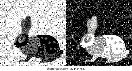 Coloring Page. Coloring Book for adults. Colouring pictures with rabbit and flowers. Antistress freehand sketch drawing with doodle and zentangle element
