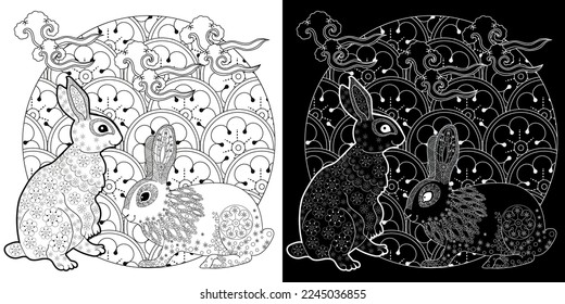 Coloring Page. Coloring Book for adults. Colouring pictures with rabbit and flowers. Antistress freehand sketch drawing with doodle and zentangle element
