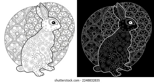 Coloring Page. Coloring Book for adults. Colouring pictures with rabbit and flowers. Antistress freehand sketch drawing with doodle and zentangle element
