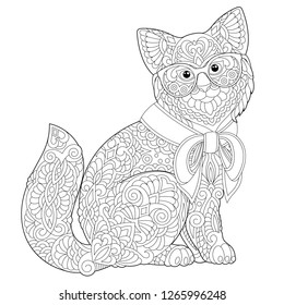 Coloring page. Coloring book. Anti stress colouring picture with cat. Freehand sketch drawing with doodle and zentangle elements.