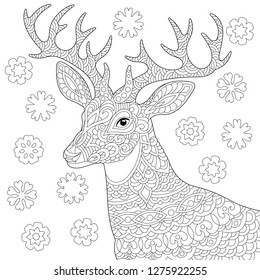 Coloring page. Coloring book. Anti stress colouring picture with deer. Christmas reindeer and vintage snowflakes. Freehand sketch drawing with doodle and zentangle elements.