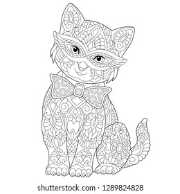 Coloring page. Coloring book. Anti stress colouring picture with cat. Freehand sketch drawing with doodle and zentangle elements.