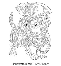 Coloring page. Coloring book. Anti stress colouring picture with dachshund dog. Freehand sketch drawing with doodle and zentangle elements.