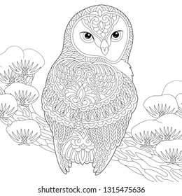 Coloring page. Coloring book. Anti stress colouring picture with owl. Freehand sketch drawing with doodle and zentangle elements.