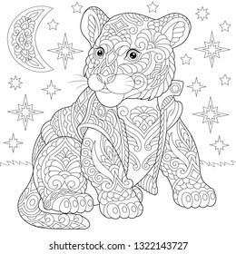 Coloring page. Coloring book. Anti stress colouring picture with tiger baby cub. Freehand sketch drawing with doodle and zentangle elements.