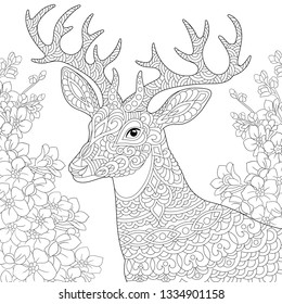 Coloring page. Coloring book. Anti stress colouring picture with deer and spring flowers. Freehand sketch drawing with doodle and zentangle elements.