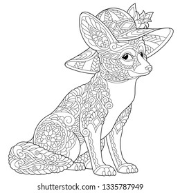 Coloring page. Coloring book. Anti stress colouring picture with fennec fox. Freehand sketch drawing with doodle and zentangle elements.