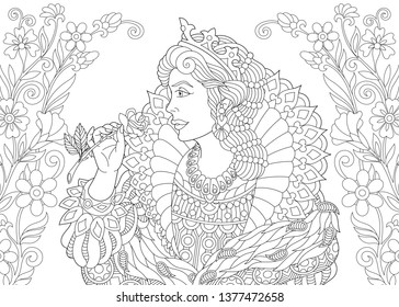 Coloring page. Coloring book. Anti stress colouring picture with queen. Freehand sketch drawing with doodle and zentangle elements.