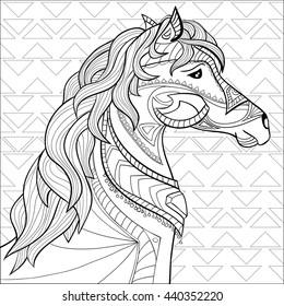 Coloring page and Book antistress adult and children A4. Vector colorful Zentangle stylized abstract fantastic horse ethnic Pattern. Hand Drawn Texture. 