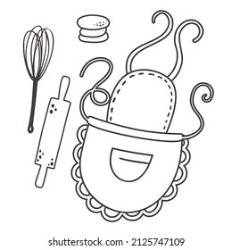 Coloring page, coloring book with apron, rolling pin, whisk and macaron. Outline vector illustration baking. Black and white hand drawing.