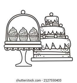 Coloring page, coloring book with cake and cupcakes. Outline vector illustration baking. Black and white hand drawing.