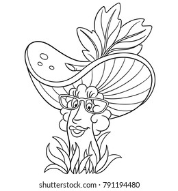 Coloring page. Coloring book. Cartoon Chanterelle. Happy Mushroom Emoticon. Smiley. Emoji. Eco Food symbol. Design element for t-shirt print, icon, logo, label, patch, sticker.
