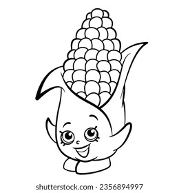 Coloring page. Coloring book. Cartoon Corn. Sweetcorn cob. Happy Vegetable Emoticon. Smiley. Emoji. Eco Food symbol. Design element for t-shirt print, icon, logo, label, patch, sticker.