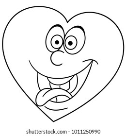 Coloring page. Coloring book. Cartoon Heart Smiley. Emoticon. Emoji. Love Emotion symbol. Design element for Valentines Day greeting card, t-shirt print, icon, logo, label, patch, sticker.