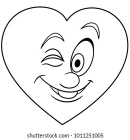 Coloring page. Coloring book. Cartoon Heart Smiley. Emoticon. Emoji. Love Emotion symbol. Design element for Valentines Day greeting card, t-shirt print, icon, logo, label, patch, sticker.