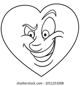 Coloring page. Coloring book. Cartoon Heart Smiley. Emoticon. Emoji. Love Emotion symbol. Design element for Valentines Day greeting card, t-shirt print, icon, logo, label, patch, sticker.