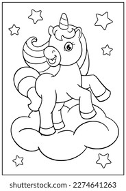 Coloring page for book with cartoon outline unicorn. Printable education paint colouring template. Vector activity drawing worksheet.