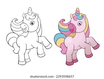 Coloring page for book with cartoon outline unicorn. Printable education paint colouring template. Vector activity drawing worksheet with cute hors.