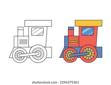 Coloring page for book. Cartoon outline drawing of train. Education colouring template. Vector activity drawing worksheet with locomotive.