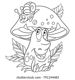 Coloring page  Coloring book  Cartoon Porcini   Snail  Happy Mushroom Emoticon  Smiley  Emoji  Eco Food symbol  Design element for t  shirt print  icon  logo  label  patch  sticker 