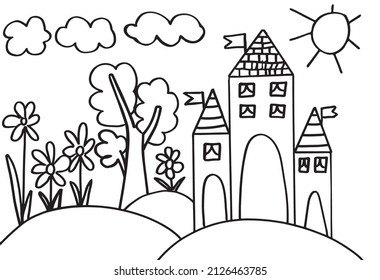 Coloring page for book with a castle, trees, flowers, sky with sun and clouds on it. Simple line kids activity worksheet. Drawing of fairytale landscape. Children art game. Vector illustration.