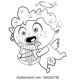 Coloring page book for children and adults. Cupid with a harp. Vector cartoon illustration for Valentine's Day.