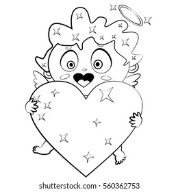 Coloring page book for children and adults. Cupid with heart. Vector cartoon illustration for Valentine's Day.