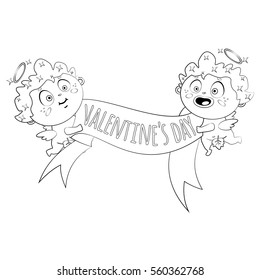 Coloring page book for children and adults. Two cupid with banner ribbon in hand and the text of "Valentine's Day". Vector cartoon illustrations.