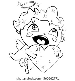 Coloring page book for children and adults. Cupid with heart. Vector cartoon illustration for Valentine's Day.