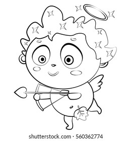 Coloring page book for children and adults. Cupid with bow and arrow in the form of heart. Vector cartoon illustration for Valentine's Day.