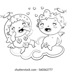 Coloring page book for children and adults. Cupid boy and girl sitting on a cloud and little hearts around. Vector cartoon illustration for Valentine's Day.